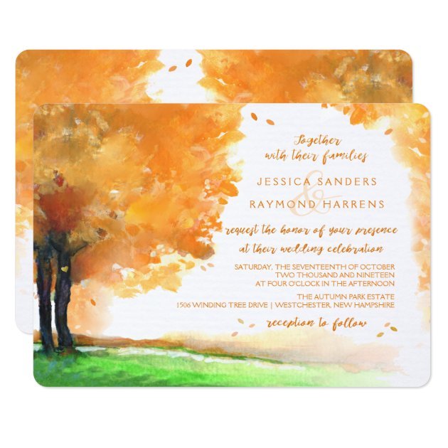 Orange & Gold Autumn Trees Watercolor Wedding Invitation