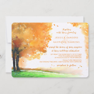 Orange & Gold Autumn Trees Watercolor Wedding Invitation