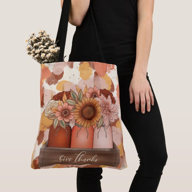 ORANGE GOLD & BEIGE SPLASHES & GIVE THANKS SAYING TOTE BAG (Close Up)