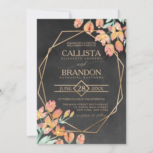 Orange Gold Black Floral Terrarium Engagement Invitation