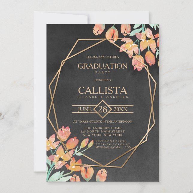 Orange Gold Black Floral Terrarium Graduation Invitation (Front)