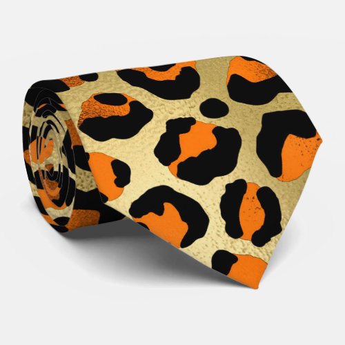 Orange gold black leopard print animal skin chic neck tie