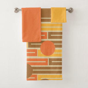 Orange, Gold, Brown Rectangles and Circles Bath To Towel Set