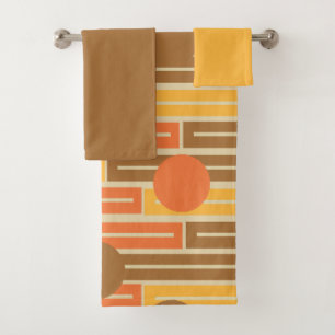 Orange, Gold, Brown Rectangles and Circles Bath To Towel Set