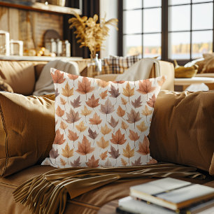 Orange Gold Brown Watercolor Pattern Autumn Leaves Throw Pillow