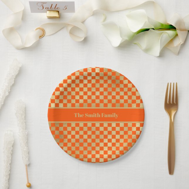 Orange Gold Checkered Paper Plate (Wedding)