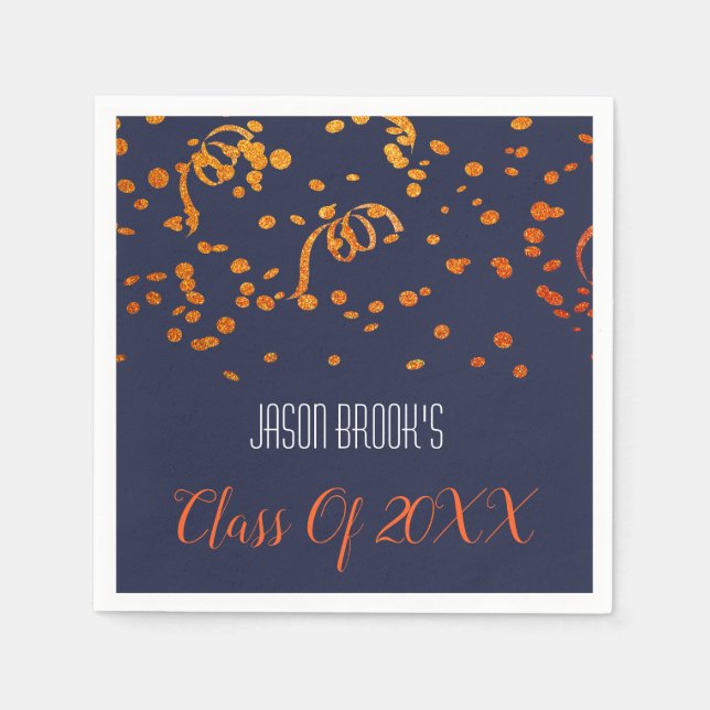 Orange Gold Confetti On Black Graduation Party Napkins (Front)