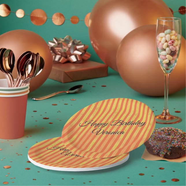 Orange Gold Distressed Stripes Personalized Retro Paper Plates (Multi)