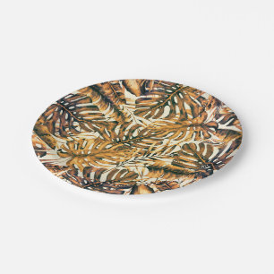 Orange Gold Elegant Tropical Palm Leaves Wedding Paper Plates