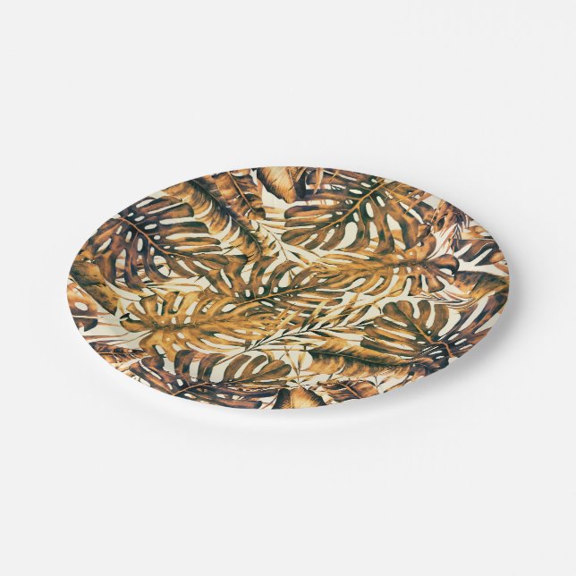 Orange Gold Elegant Tropical Palm Leaves Wedding Paper Plates (Angled)