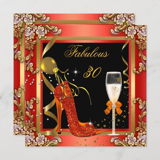 Orange Gold Fabulous 30 Birthday Party 2 Invitation (Front/Back)