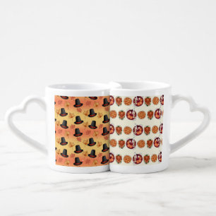 ORANGE & GOLD FALL LEAVES PILGRIM HAT TURKEY PIE COFFEE MUG SET