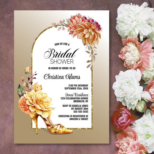 Orange Gold Floral Arch Gold Bridal Shower Invitation (Creator Uploaded)