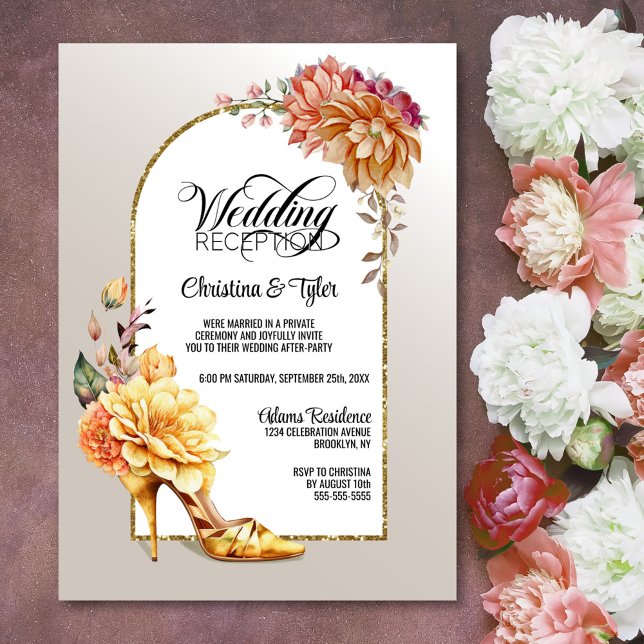 Orange Gold Floral Arch Wedding Reception Invitation (Creator Uploaded)