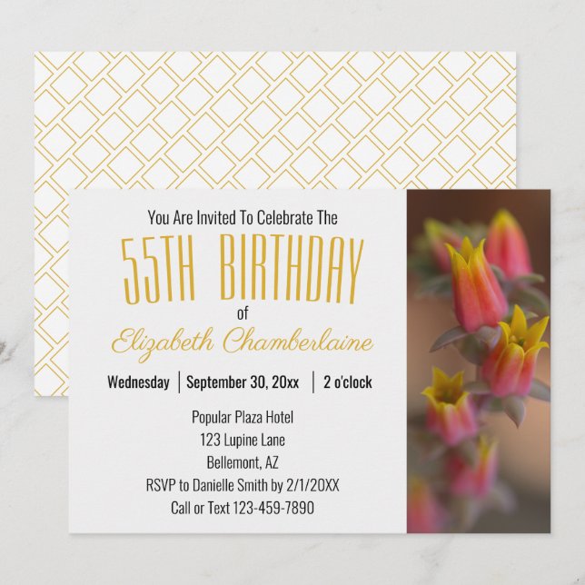 Orange Gold Floral Succulent 55th Birthday Party Invitation (Front/Back)