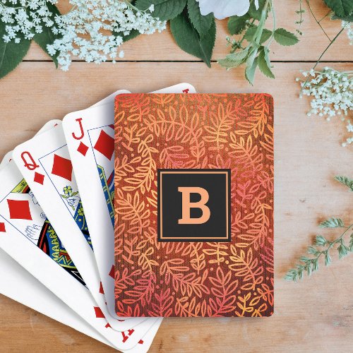 Orange gold foliage leaves pattern modern monogram poker cards