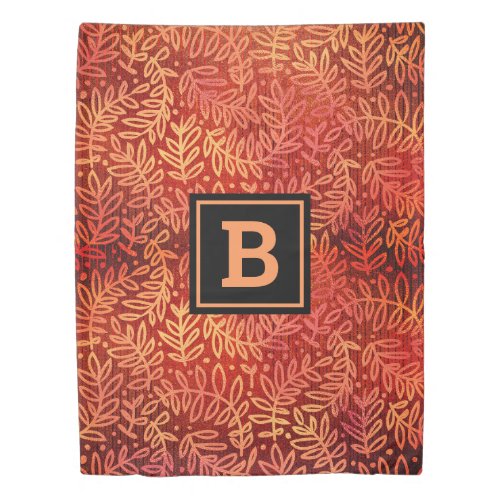 Orange gold foliage leaves pattern monogram modern duvet cover