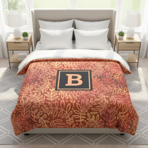 Orange gold foliage leaves pattern monogram modern duvet cover