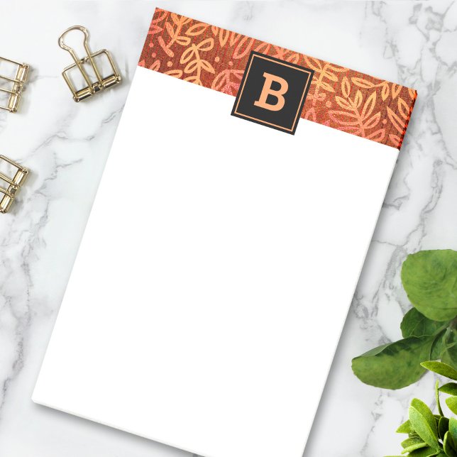 Orange gold foliage leaves pattern monogram modern post-it notes (Creator Uploaded)
