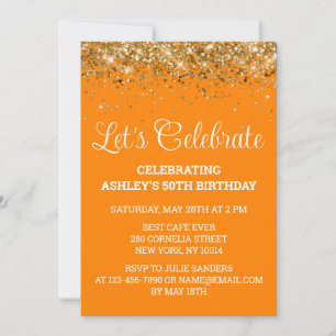 Orange Gold Glitter 50th Birthday Let's Celebrate Invitation