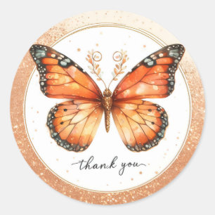 Orange Gold Glitter  Butterfly - Thank you - Classic Round Sticker
