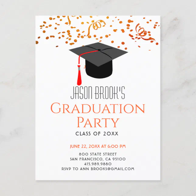 Orange Gold Glitter Confetti Graduation Party Invitation Postcard | Zazzle