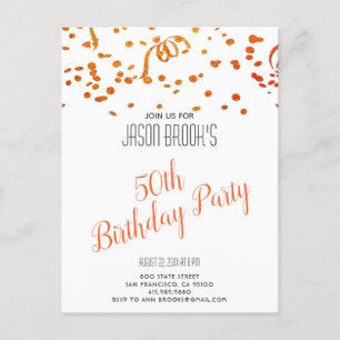 Orange Gold Glitter Confetti White 50th Birthday Invitation Postcard