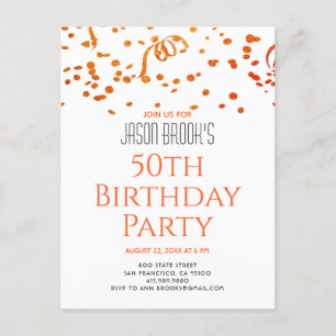 Orange Gold Glitter Confetti White 50th Birthday Invitation Postcard