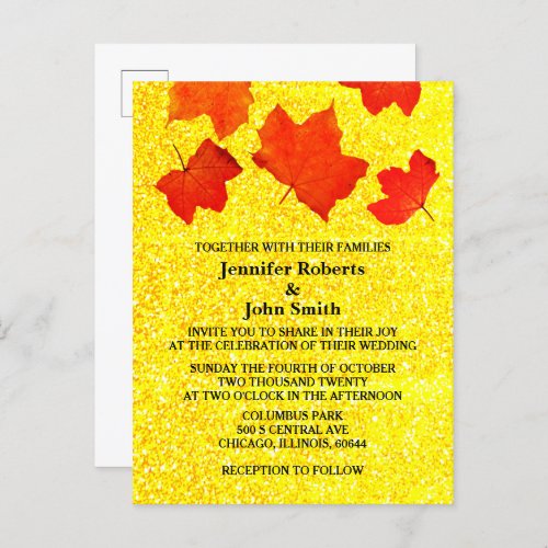 Orange Gold Glitter Fall Leaves Autumn Wedding Invitation Postcard