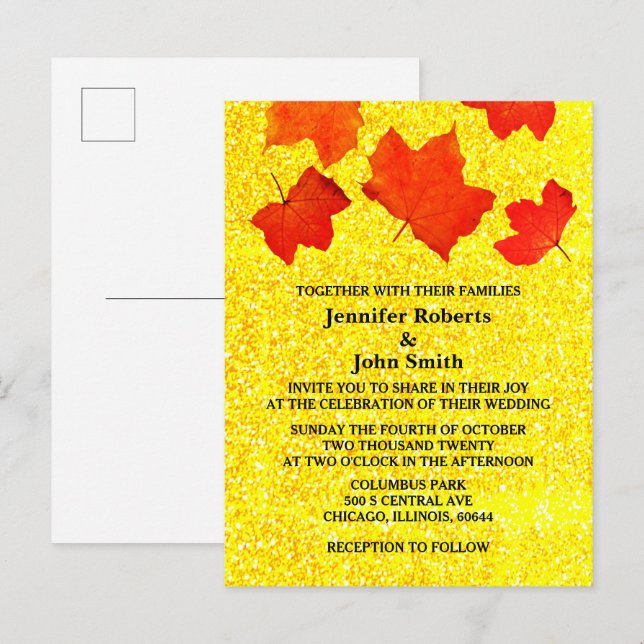 Orange Gold Glitter Fall Leaves Autumn Wedding Invitation Postcard (Front/Back)
