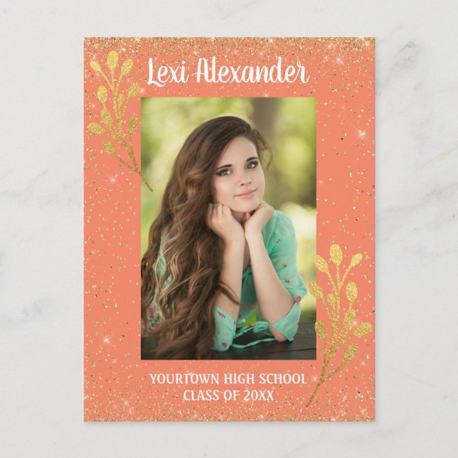Orange Gold Glitter Graduation Announcement Postcard (Front)