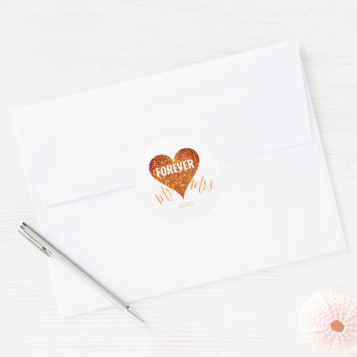 Orange Gold Glitter Heart MrMrs Round Sticker