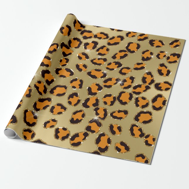 Orange Gold Glitter Leopard Animal Print Cheetah Wrapping Paper (Unrolled)