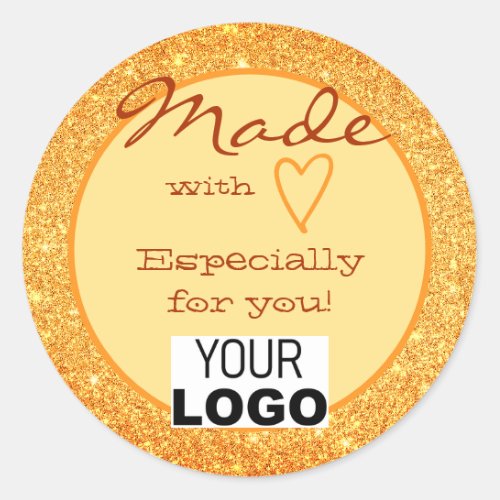 Orange Gold Glitter Made with Love Heart Logo  Classic Round Sticker