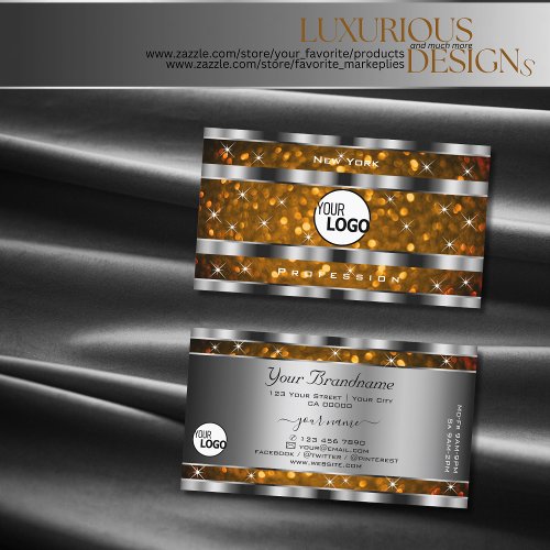 Orange Gold Glitter Sparkle Stars Logo Silver Business Card