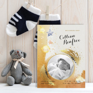 Orange Gold Glitter Watercolor Photo Baby Birth Announcement Postcard