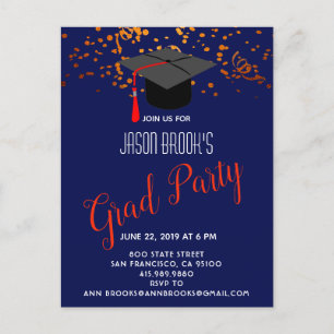 Orange Gold Grad Cap Confetti On Navy Blue Party Announcement Postcard
