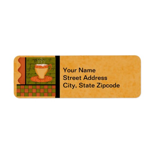 Orange Gold Green Checkerboard Coffee Cup Art Label