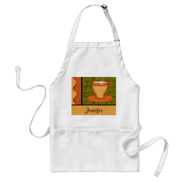 Orange Gold Green Coffee Cup Art Custom Name Adult Apron (Front)