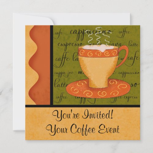 Orange Gold Green Coffee Cup Art Custom Name Invitation