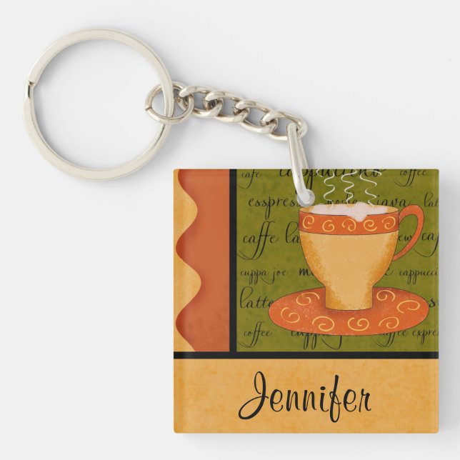 Orange Gold Green Coffee Cup Art Custom Name Keychain (Front)