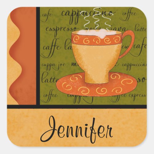 Orange Gold Green Coffee Cup Art Custom Name Square Sticker