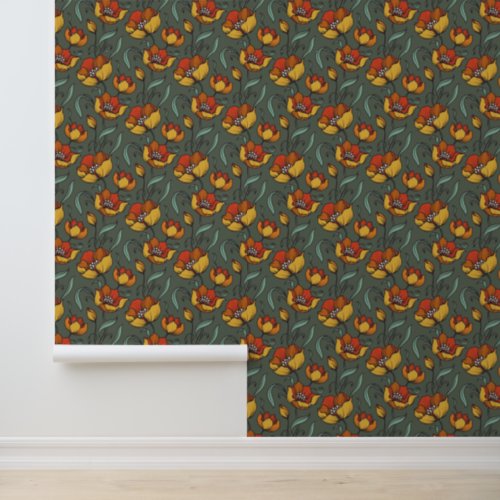 Orange Gold Green Retro Floral Pattern Wallpaper