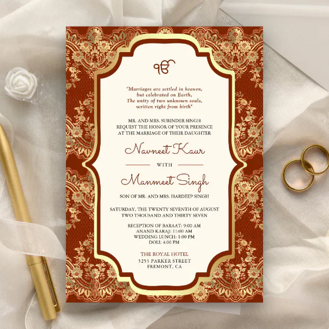 Orange Gold Lace Qr Code Anand Karaj Sikh Wedding Invitation 