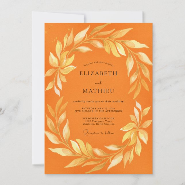 Orange Gold Laurel Eucalyptus Wedding Invitation (Front)
