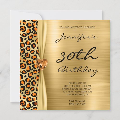 Orange Gold Leopard Foil Gem Ribbon 30th Birthday Invitation