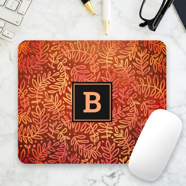 Orange gold monogram modern leaves foliage pattern mouse pad (Creator Uploaded)