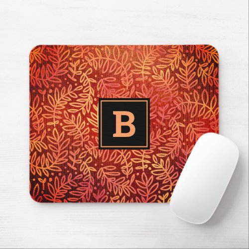 Orange gold monogram modern leaves foliage pattern mouse pad