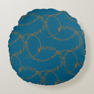 Orange Gold on Blue Music Note Pattern Round Pillow