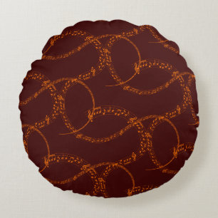 Orange Gold on Burgundy Music Note Pattern  Round Pillow